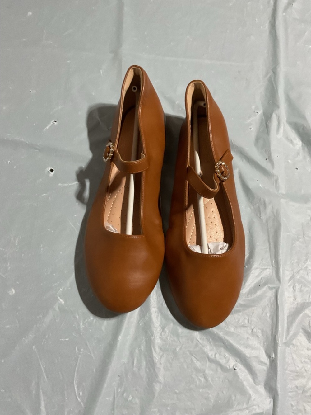Women's Tan Mary Jane Flats with Decorative Buckle